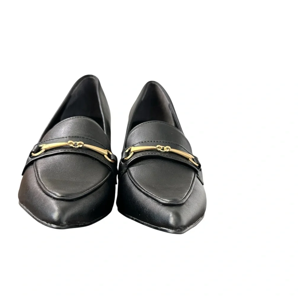 CHARLES DAVID Amity LoaferStyle BlockHeel Black Pump Gold Hardware PointedToe 9M